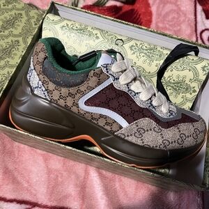 Designer Monogram Sneakers with Brown and Green Accents